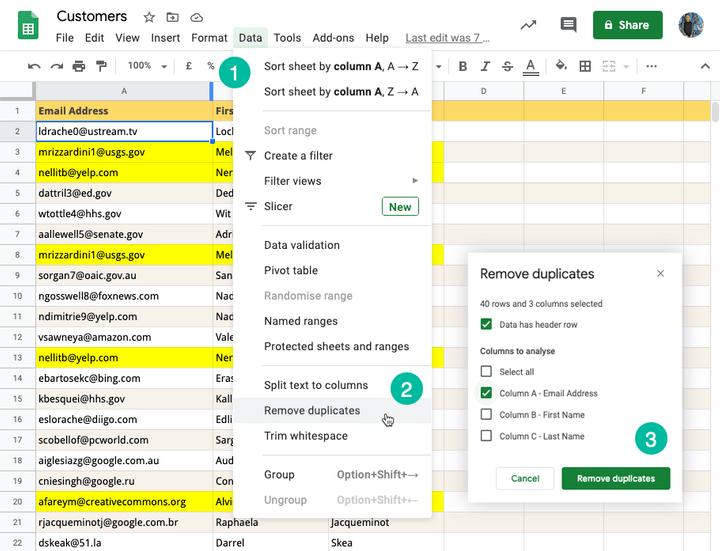 Xóa hàng trùng lập bằng tính năng Remove Duplicates có sẵn trong Google Sheets